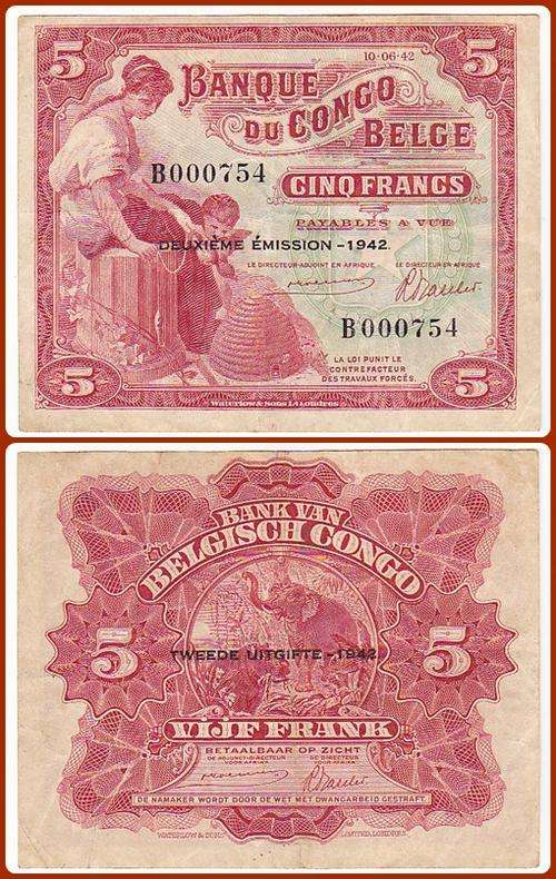 BELGIAN CONGO - 10/06/1942 - 5 FRANCS - PIC #: 13 - VF NOTE