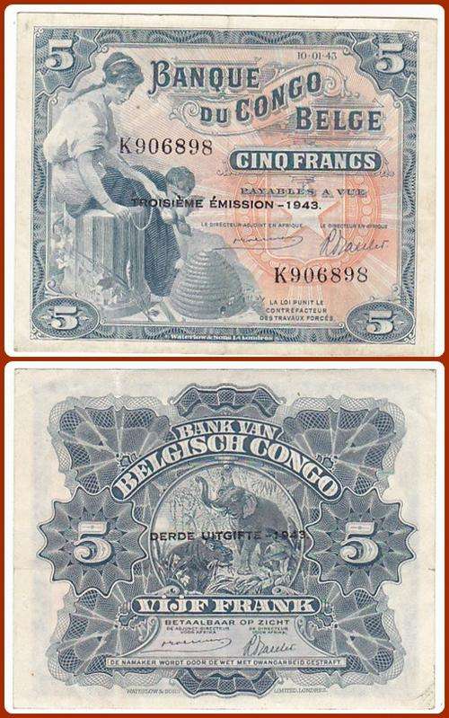 BELGIAN CONGO - 10.1.1943 - 5 FRANCS - PIC #: 13Aa - VF+ NOTE