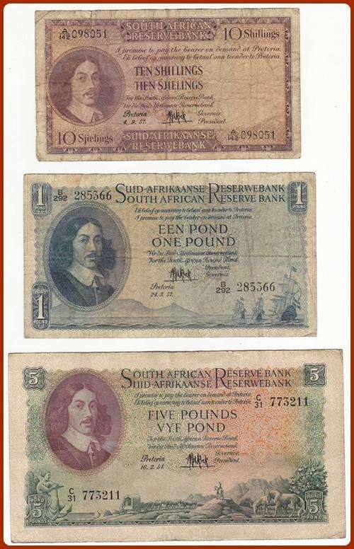MH DE KOCK BANKNOTE SET - 10/-, 1 & 5 POUNDS - VG NOTES