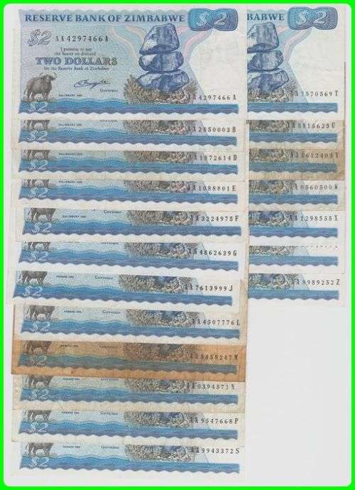 ZIMBABWE - PIC# 1 - 1980 ISSUE - 2 DOLLARS - AA SERIAL NUMBER COLLECTION (83% COMPLETE)