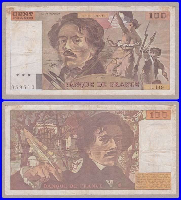 FRANCE - 1990 - 100 FRANCS - PIC# 154 - VF NOTE - SER# 859510