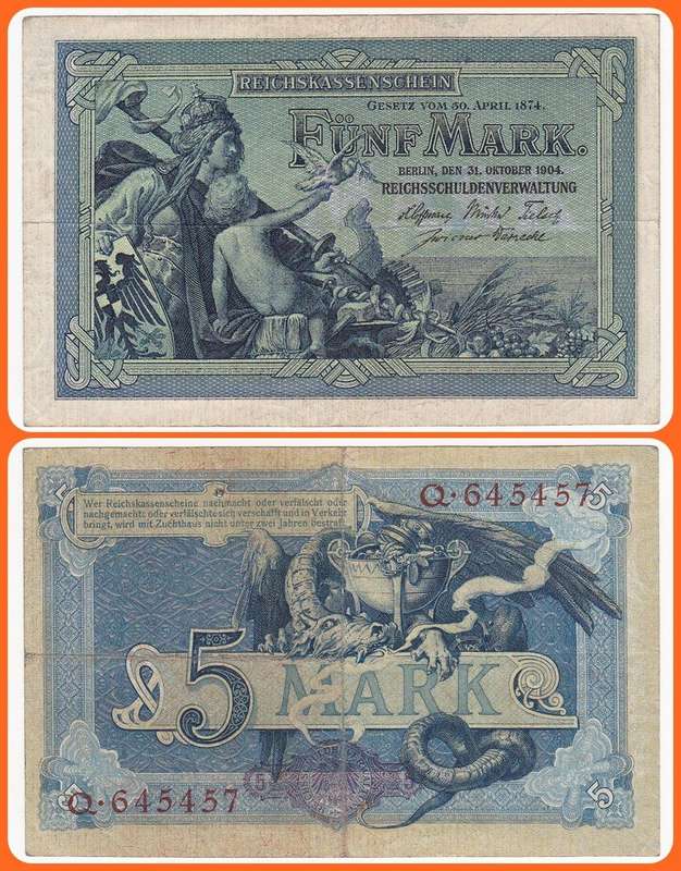GERMANY - EMPIRE - PIC# 8a - 31.10.1904 - 5 MARK - VG/F NOTE - SER# Q.645457