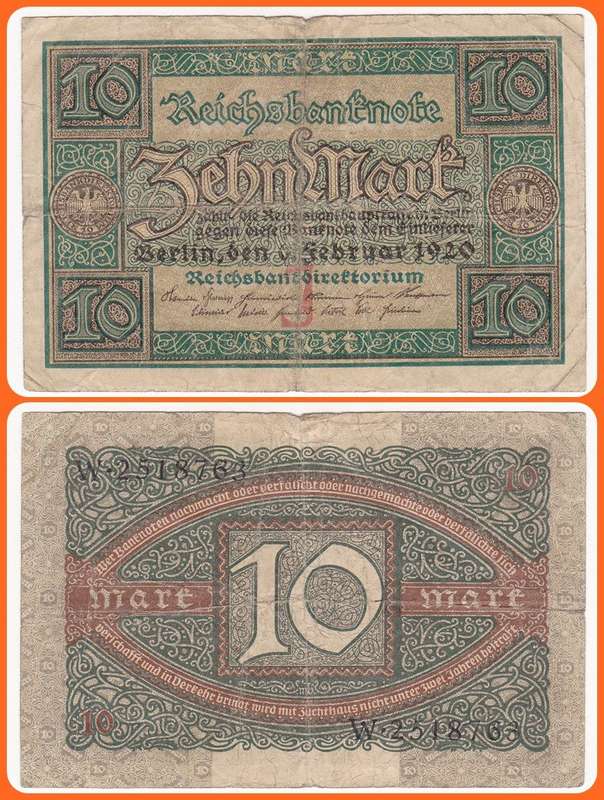 GERMANY - WEIMAR REP. - PIC# 67a - 06.02.1920 - 10 MARK - VG NOTE - SER# W.2518763