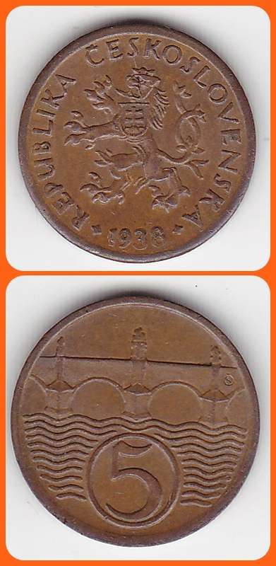 CZECHOSLOVAKIA - 1938 - 5 HALERU - KM# 6 - XF/UNC COIN