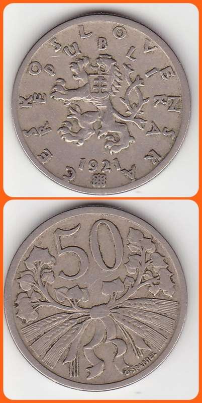 CZECHOSLOVAKIA - 1921 - 50 HALERU - KM# 2 - F COIN