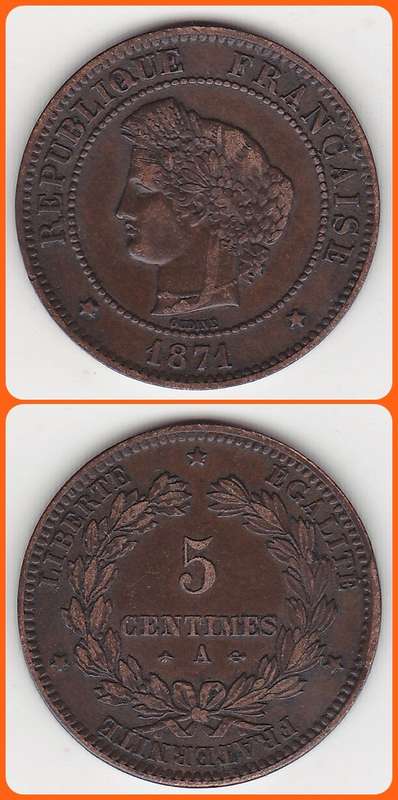 FRANCE - 1871A - 5 CENTIMES - KM# 821.1 - F/VF COIN