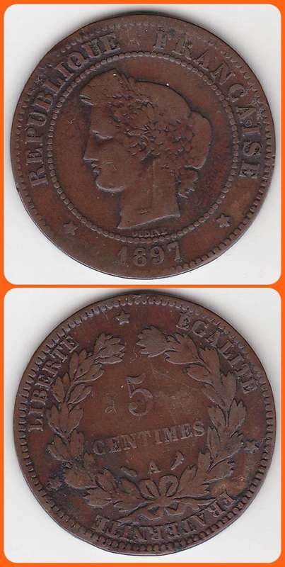 FRANCE - 1897A - 5 CENTIMES - KM# 821.1 - VG COIN