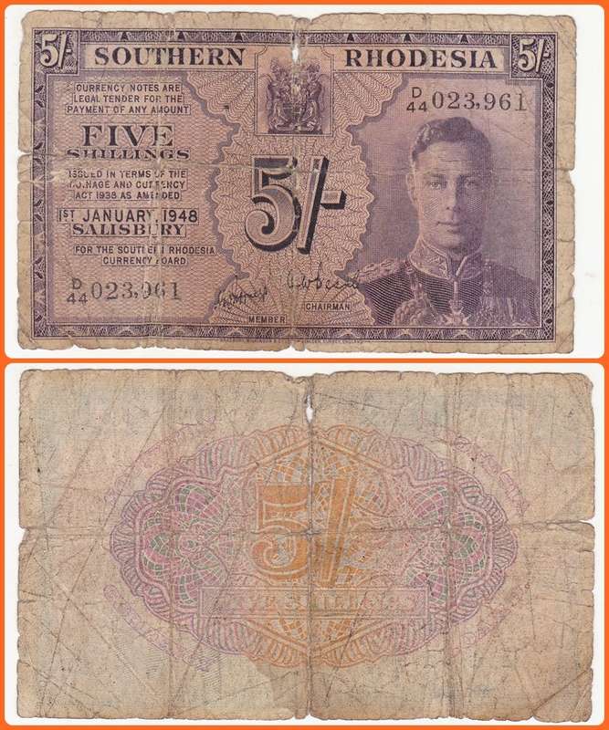 SOUTHERN RHODESIA - 1/1/1948 - 5 SHILLINGS - PIC# 8Ab - G/VG NOTE - SER# D/44 023961