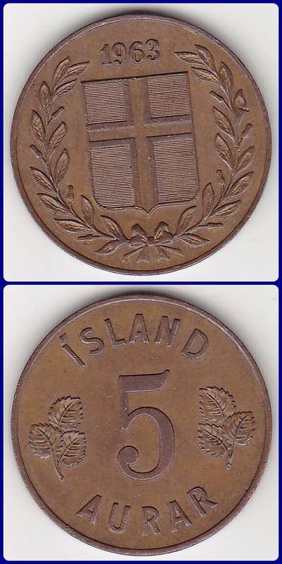 ICELAND - 1963 - 5 AURAR - PIC# 9 - XF COIN