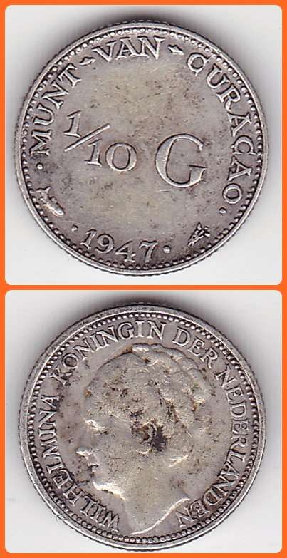 CURACAO - 1947 - 1/10 GULDEN - KM# 43 - 1.40g 0.640 SILVER