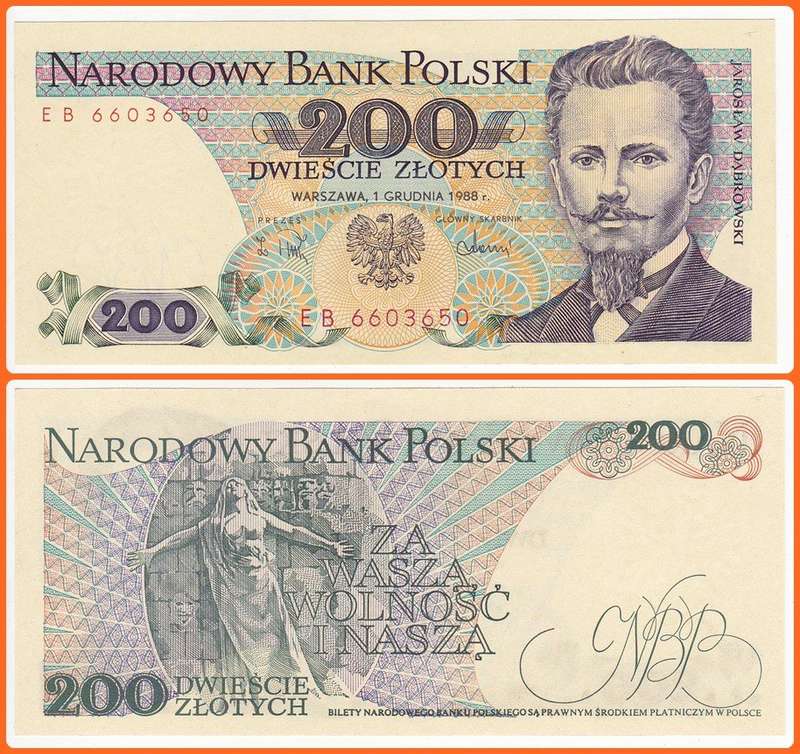 POLAND - 1988 - 200 ZLOTYCH - PIC# 144c - UNC NOTE - SER# EB6603650