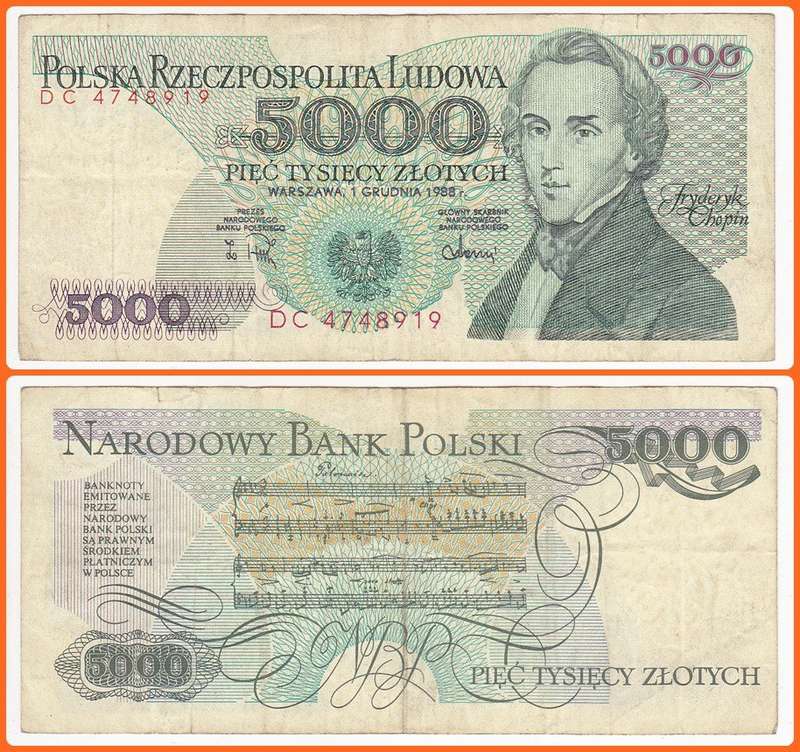 POLAND - 1988 - 5000 ZLOTYCH - PIC# 150c - VF NOTE - SER# DC4748919