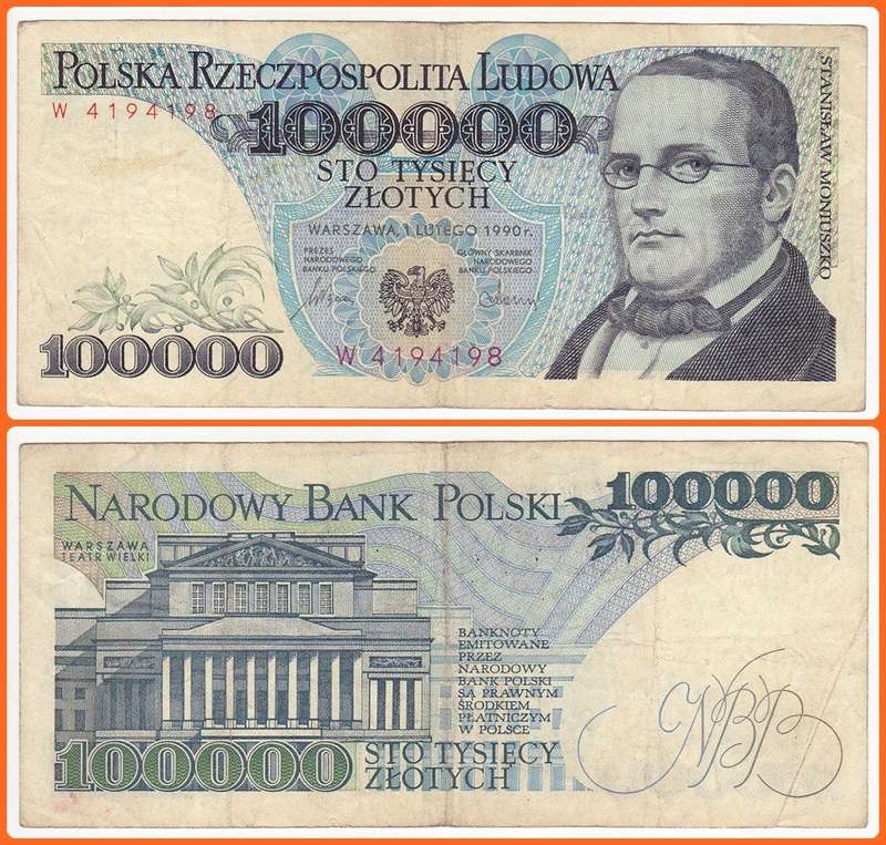 POLAND - 1990 - 100 000 ZLOTYCH - PIC# 154a - VF NOTE - SER# W4194198