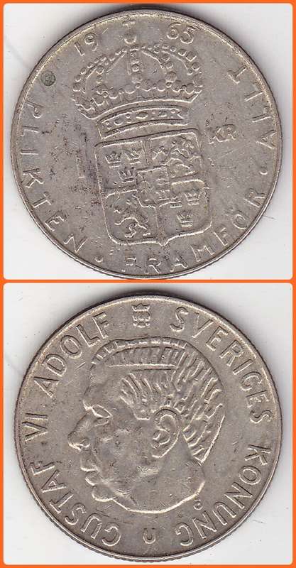 SWEDEN - 1965 U - 1 KRONA - KM# 826 - VF/XF COIN - 7.0g 0.400 SILVER