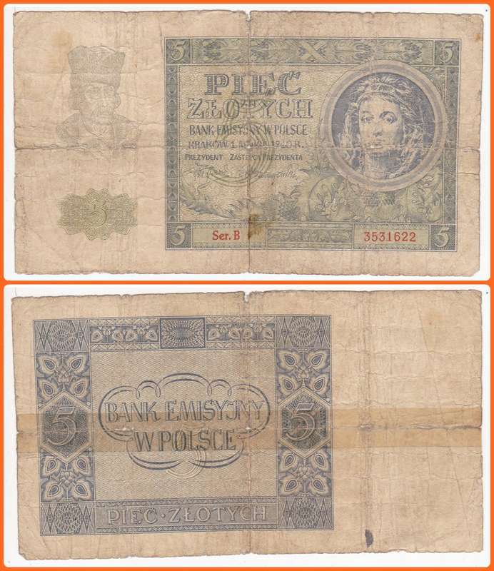 POLAND - 1940 - 5 ZLOTYCH - PIC# 93 - G/VG NOTE - SER# 3531622
