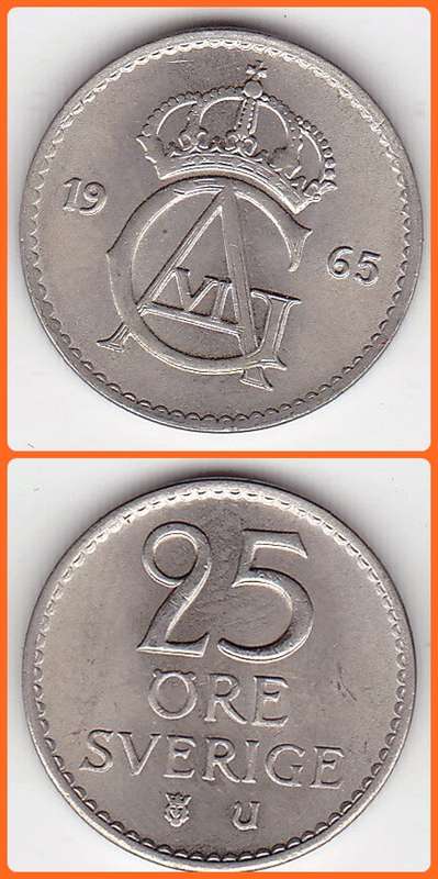 SWEDEN - 1965 U - 25 ORE - KM# 836