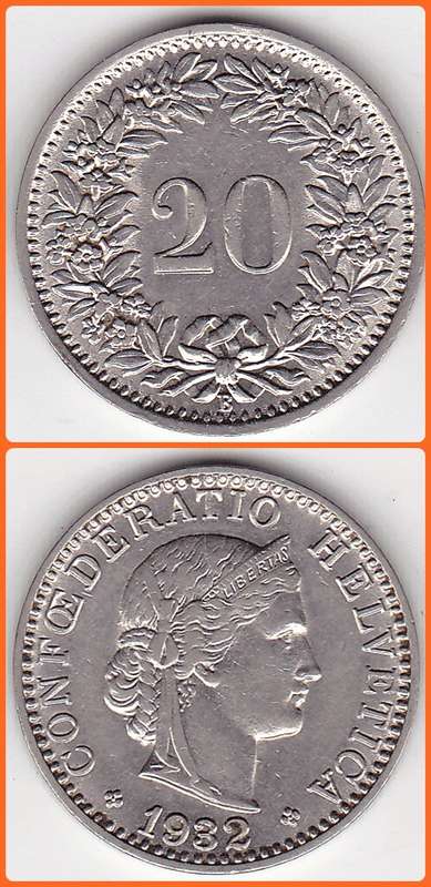 SWITZERLAND - 1932 B - 20 RAPPEN - KM# 29