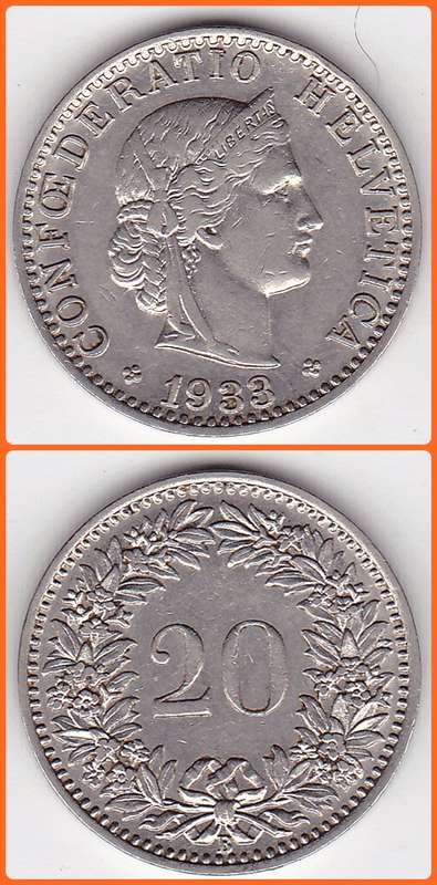 SWITZERLAND - 1933 B - 20 RAPPEN - KM# 29