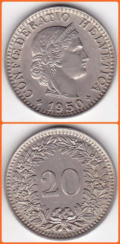SWITZERLAND - 1950 B - 20 RAPPEN - KM# 29a