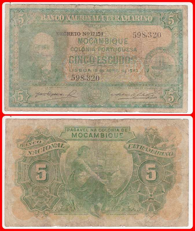 MOZAMBIQUE - 1943 - 5 ESCUDOS - PIC# 89 - VG NOTE - SER# 598320