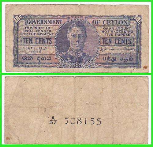 CEYLON - 1942 2nd - 10 CENTS - PIC 43a - F NOTE - (A57..) - Colonial King George VII