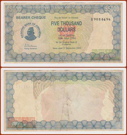 ZIMBABWE - 2003/4 - 5000 DOLLAR BEARER CHEQUE - F/VF NOTE - (B908.. )