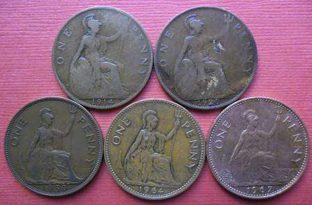 1914, 1920, 1939, 1964, 1967 One Penny Coins - One Bid for All Five!