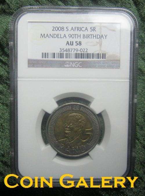 Special Coin! MANDELA 90th Birthday Coin 2008 R5 NGC Graded AU58.