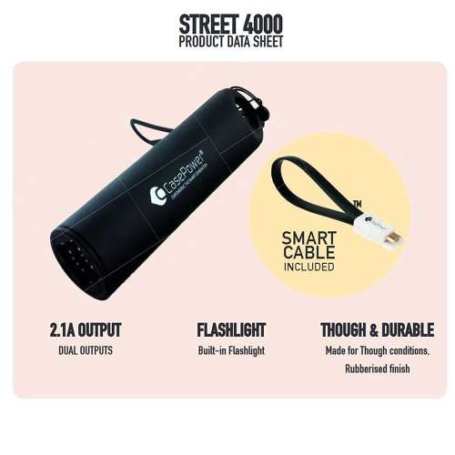 CasePower Street Compact 4000mAh BLACK Slim Dual Port Power Bank 2x 2.1A