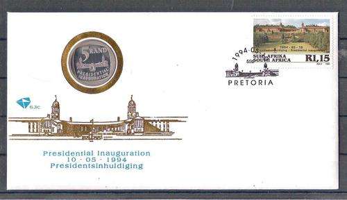 MANDELA 94 INAUG. FDC 6.3C -ORIGINAL PROOF R5 COIN-AS ISSUED-NOT TAMPERED-SUPERBLY STRUCK