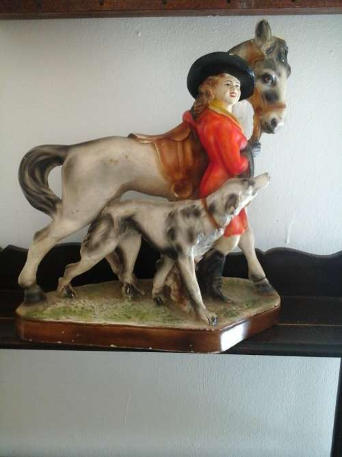 OLD ORNAMENT LADY AND HORSE AND DOG HUNTING