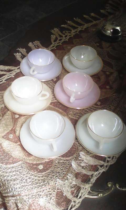 VERY RARE VASELINE GLASS CUPS AND SAUCERS