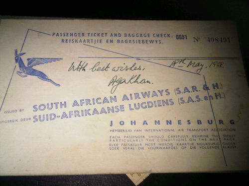 1958 SAA Flight Ticket signed by Aga Khan