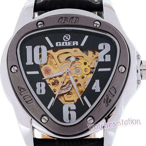 ***New GOER  Skeleton Black Leather Wrist Mechanical Men's Watch Classic Triangle  HQ