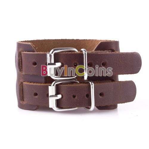 *** Brown Gothic 2 Buckles PU Leather Wristband