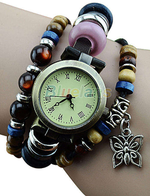 -WOMEN RETRO BRAIDED LEATHER BAND QUARTZ BRACELET WRISTWATCH WITH BEAD BUTTERFLY**