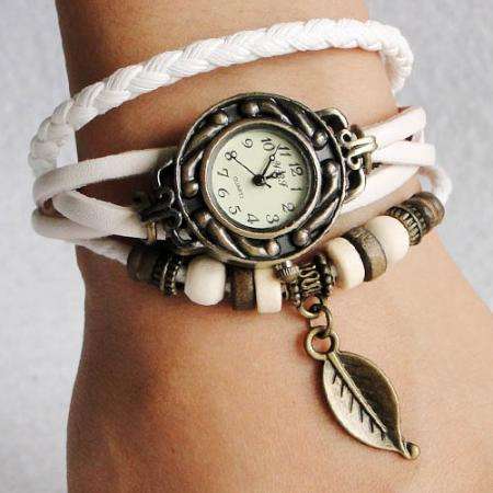 -Fashion White Quartz Weave WRAP Around Leather Bracelet Lady Woman Wrist Watch**