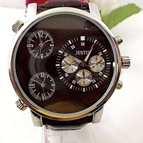 *** New BIG Oversized  3 Time zone Swiss Movement  S/Steel watch ** Genuine Leather Strap