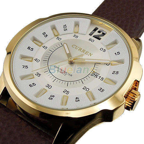 ***Luxury Curren Mens Leather Golden Quartz Calendar Analog Dial Wrist Watch B92U