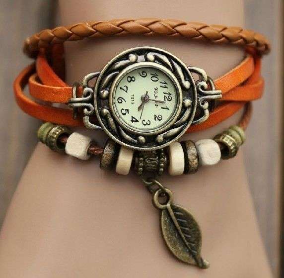 -WOMEN RETRO BRAIDED LEATHER BAND QUARTZ BRACELET WRISTWATCH WITH BEAD -LEAF