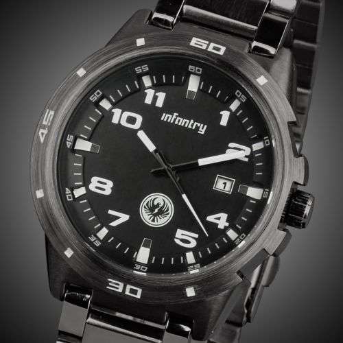 ***INFANTRY Mens Quartz Date Wrist Watch Military Black Gunmetal Stainless Steel UK