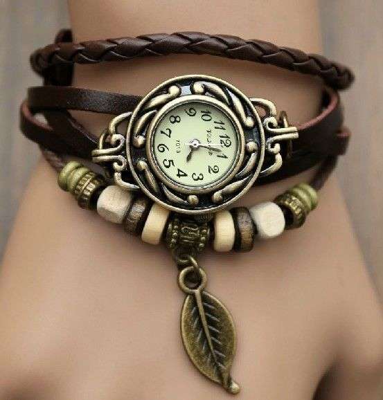 -WOMEN RETRO BRAIDED LEATHER BAND QUARTZ BRACELET WRISTWATCH WITH BEAD -LEAF