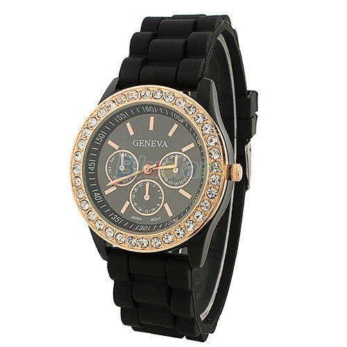 **- LADIES ~NEW GENEVA~BLACK & ROSEGOLD QUARTZ WATCH**SILICONE STRAP