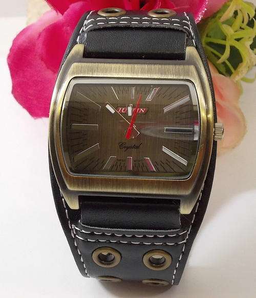 *** New  ANALOG   MEN STEEL   WATCH-GENUNINE BLACK LEATHER STRAP**