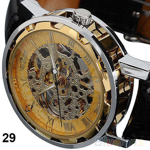 ***NOVELTY MEN'S BLACK LEATHER SKELETON MECHANICAL  WRIST WATCH B59K