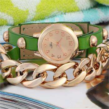 **- LADIES ~New Women punk plating gold multicolor leather acrylic chain Watch Green