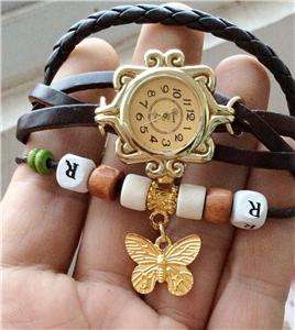 -Fashion Gold Plated Brown Quartz ~BUTTERFLY~ Weave WRAP Around Leather Bracelet Lady Wrist Watch**