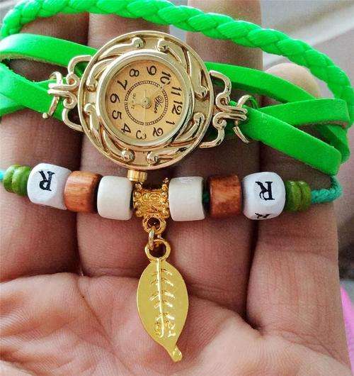 -Fashion Gold Plated Green Quartz Weave WRAP Around~leaf~ Leather Bracelet Lady Wrist Watch**