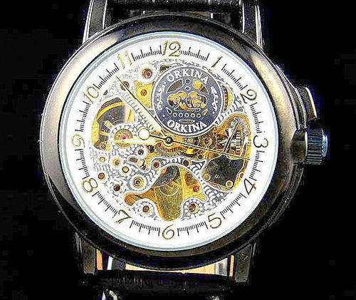***New Orkina ** "GLADIATOR" Stylish Open Skeleton Face Black Case White Dial Watch