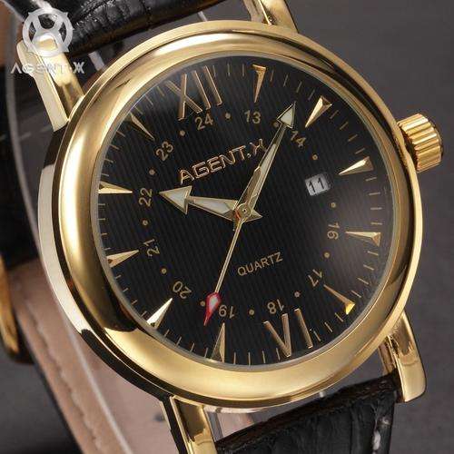 *** AGENTX-Mens-Fashion-Golden-Case-Black-Dial-Date-Leather-Sport Watch